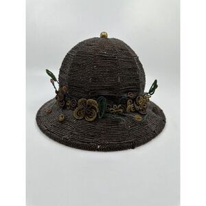 Vintage Root Beer Glass‎ Seed Bead Ladies Sunday Hat Lamp Shade with Floral Bead